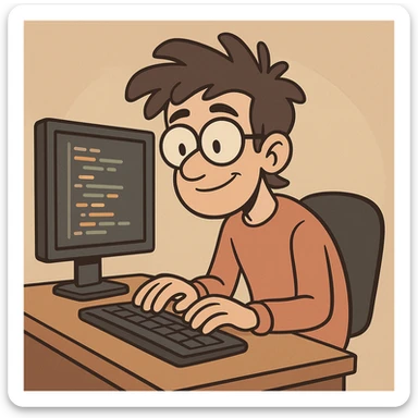 young programmer cartoon style, with code on screen sticker