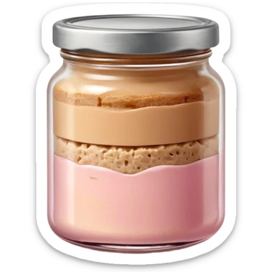 small glass jar filled with coarse beige to light pink pâté, smooth slightly uneven surface, metal lid, visible layers of texture through transparent glass, fine fat cap on top, no label, no garnish, no bread, sealed jar, soft lighting, subtle shadows, emoji scale sticker