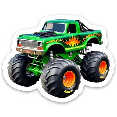 Grave Digger - Monster Jam (Model Year: 2022) (Iconic colour: Green with flames) - A legendary monster truck with a fearsome design: predominantly deep green with dynamic, vibrant flame graphics in bright orange and yellow. Highlight its rough, edgy bodywork and an aura of untamed rebellion. sticker
