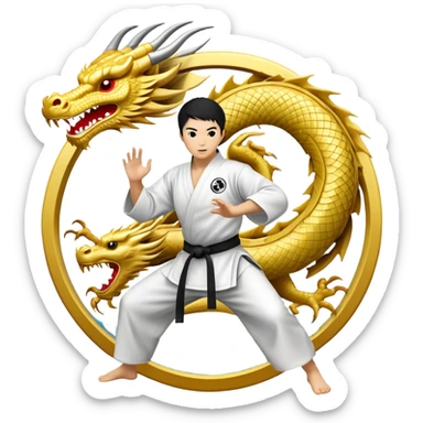 An icon symbolizing Eastern martial arts in the style of an emblem, featuring a black-and-white Yin-Yang symbol and a dragon at the center. A martial artist is performing a fluid kick, surrounded by elements like a dojo and bamboo. Transparent background highlights balance and power. sticker