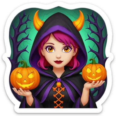 female-succubus-emoji,-red-skin,-purple-eyes,-elegant-face,-pumpkin-wreath-on-head,-black-hooded-cloak-with-cobweb-details,-holding-small-glowing-pumpkin-lantern,-halloween-fantasy sticker