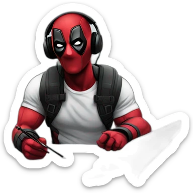 Deadpool-listening to music with headphones- on a bridge and he is drawing sticker