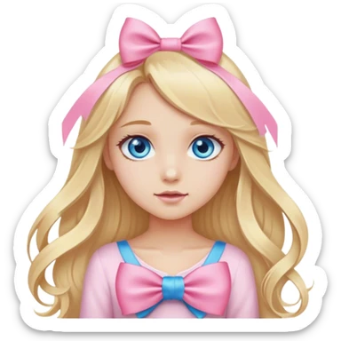 Young blonde girl, long hair, blue eyes, pink bow sticker