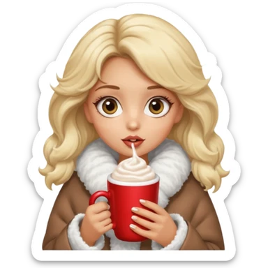 Tanned Girl with lashes , blonde hair, in an extremely big fluffy oversized coat and hold hot chocolate drink and big eyes, big lip sticker