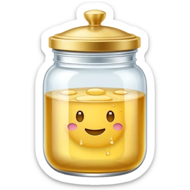 Diseña un emoji de un tarro de cristal elegante con una tapa dorada brillante. Dentro, una textura de mantequilla corporal batida con un suave remolino. Estilo lujoso y minimalista. sticker