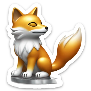Fully chromed Maneki Neko-style fox statue in iOS emoji style, with smooth, rounded edges, reflective surface with soft light reflections. Minimalist features like the tail, raised paw, and coin. Plain white background to emphasize the chrome texture. sticker