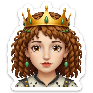 portrait woman short curly brown mullet hair brown eyes white skin with paint smeared cheeks and beetle crown sticker