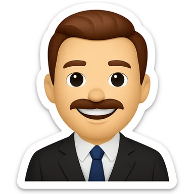Make the Caucasian gentleman smile and add a mustache. Keep the slicked back brown hair, black suit, and navy tie. Maintain the same emoji style. Transparent background. sticker
