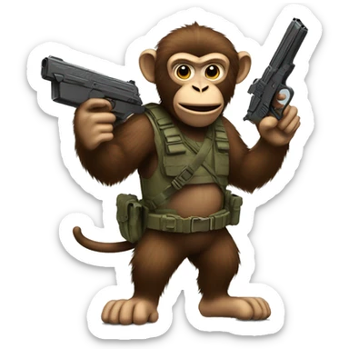 monkey with a gun and a shiled with a fluffy hair sticker