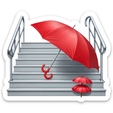 Red umbrella on stair railing, Lost Umbrellas. sticker