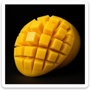 A ripe yellow mango, sliced in a hedgehog pattern, realistic lighting, black background, high detail, studio photo style, photo-realistic sticker