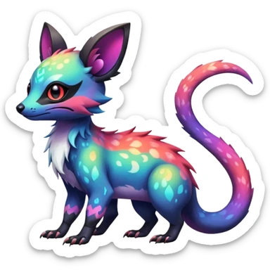 Rare neon iridescent white exotic cute epic aesthetic gothic colorful Salandit-Eevee-Civet-species-Fakemon-hybrid-creature, with intricate tattoo markings, full body sticker