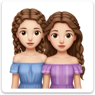 Two girls. The first one is very tall, has mid length brown very wavy hair, full lips, hazel eyes, wearing a cute off shoulder summer dress, she is also thin. The other one, quite shorter, long brown straight hair in one braid, hazel eyes. She is athletic a little bit.  sticker