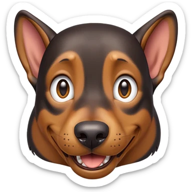 cinematic-comical-doberman-portrait-emoji,-head-tilted-dramatically-with-an-exaggeratedly-amused-expression,-featuring-a-vibrant-black and tan-fur-with-a-lively-sheen,-wide,-expressive-brown-eyes-filled-with-playful-disbelief, ears drooping down sticker