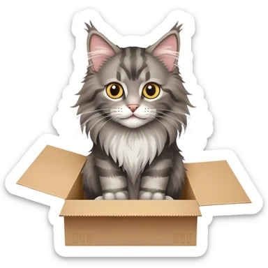 A  juvenile Maine coon cat poked its paws out of the cardboard box and placed them on top of it sticker