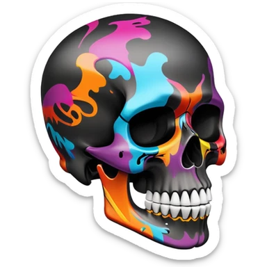 smooth black skull with vibrant graffiti paint contained within the skull shape, brand logos inside skull outline only, side view sticker