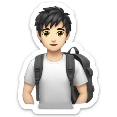 Boy white skin black hair brown eyes gray t-shirt with backpack anime style sticker