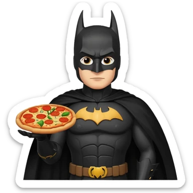 batman, wearing black ancient custome, with pizza sticker