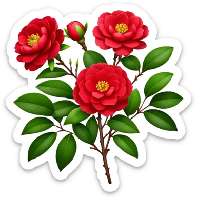bouquet Red Camellia, luxuriant, stem, leaf, bud sticker