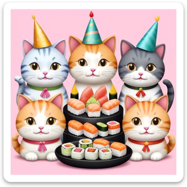 Nine cats eating sushi at a birthday party sticker