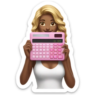 Hyper realistic model holding a pink calculator sticker