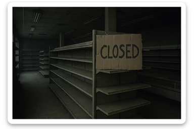 an abandoned supermarket, dusty and grey, with a large cardboard sign that says 'closed', somber mood sticker