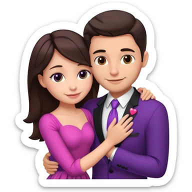 Brunette girl, with an engagement ring on her finger hugging a handsome man, (her boyfriend) both of them happy, she’s wearing a pink dress, he is wearing a black suit, he’s also a rich businessman, and there is the 💜 purple heart emoji on top. They look in love with each other.  sticker