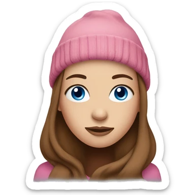 woman with blue eyes, long brown hair, and pink beanie sticker