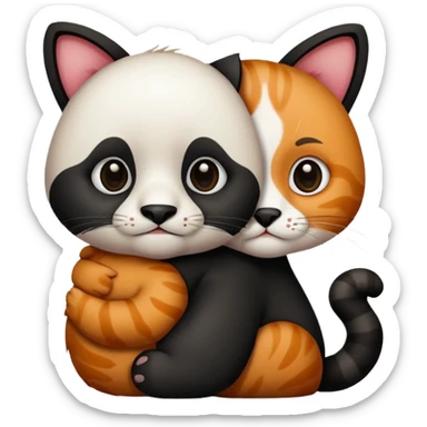 Panda hugging a  cat. The cat has 4 half its face ginger and the other half black sticker