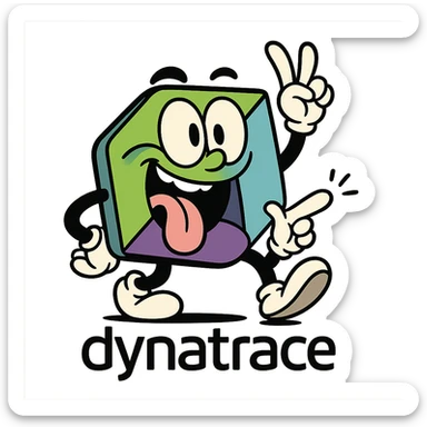 Dynatrace logo reimagined as a hilarious cartoon character with exaggerated features and a playful expression, doing something silly sticker
