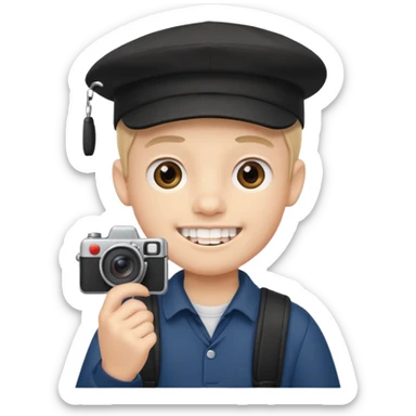 cartoon schoolboy with black cap prominent front teeth holding a camera in his hand sticker