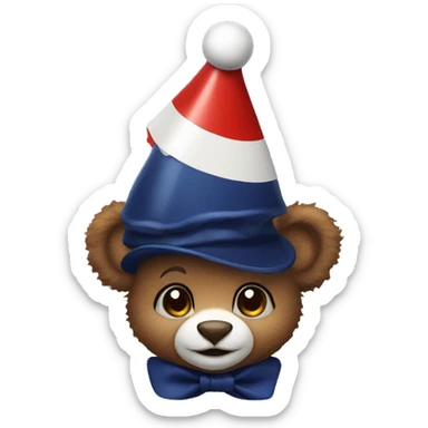 Brown baby bear. Wearing jester collar and a clown hat. The clown accessories are Navy and red and white. sticker