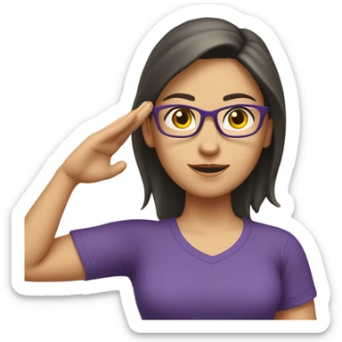 a caucasian brunette female, wearing a purple t-shirt and glasses, making the military salute gesture with one hand on her forehead and the other hand on her waist sticker