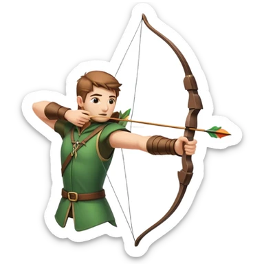 A skilled archer, resembling Robin Hood, drawing a bow and releasing an arrow towards a target. The scene captures the perfect moment of release, with the bowstring taut and the arrow flying toward the bullseye, set in a forest or archery range background. sticker