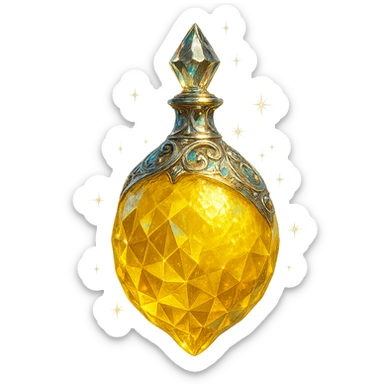 luxurious crystal elixir bottle in lemon shape, vibrant yellow color, ornate silver and iridescent details, magical glowing and sparkling effects, very small neck, seamless bottom, bottle clearly floating in air, no base or shadow, modern, collection style, transparent background sticker