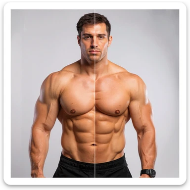 Realistic style image of a shirtless male bodybuilder, half body in mass version, half body in definition version, muscles and skin well highlighted. Neutral background. Serious expression. sticker