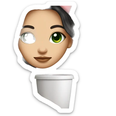 Pretty woman very long black hair green eyes curled up in a pink blanket with a coffee mug  sticker