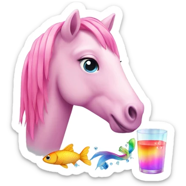 Pink pony drinking a rainbow with a fish sticker