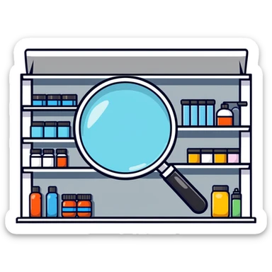 magnifying glass over empty product shelf searching sticker