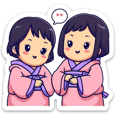 Two adorable Japanese girls with black hair and Asian features, their cheeks touching, kawaii style sticker