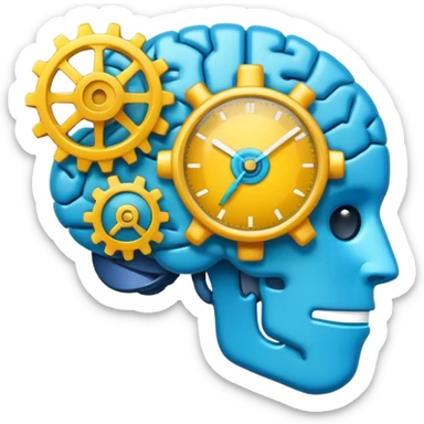 modern minimalistic emoji-style icon featuring a brain merged with a stopwatch and a gear, representing intelligence speed digital innovation, clean colorful expressive tech meeting emoji logo sticker