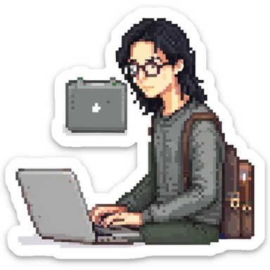 Guy with 3 inch long black hair and glasses on his laptop sticker