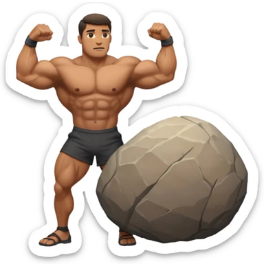 a man pushing a huge rock sticker