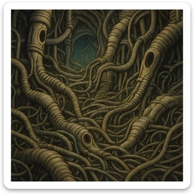 complex network of wires and tubes, biomechanical, Giger style, surreal atmosphere sticker
