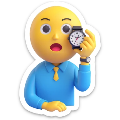 A yellow emoji face with a worried expression, looking at a wristwatch with raised eyebrows, showing urgency and stress sticker