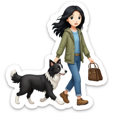 A girl with long black hair walking a Border Collie sticker