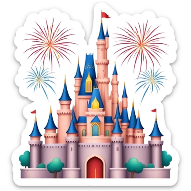 Shanghai Disney Castle with fireworks, simplified emoji style with bold outlines and bright colors, cartoon style fairy tale castle sticker