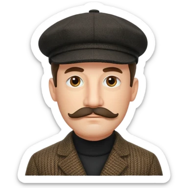 Big mustache sideburns sport coat black turtleneck tweed flat cap squinty eyes sticker