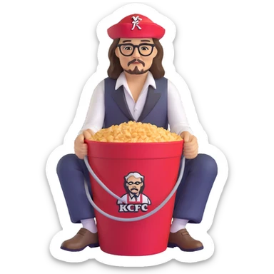 Johnny Depp sitting in a KFC bucket, long hair, facial hair sticker