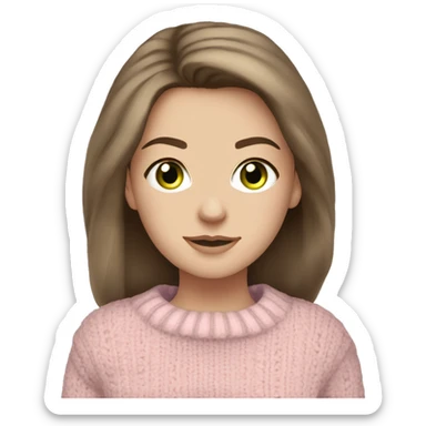 Pretty green eyed white girl with brunette hair with light pink sweater reading cozy sticker